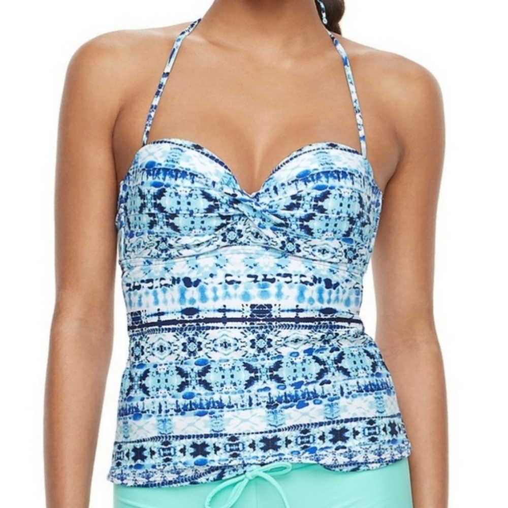 SO Tie Dye Tribal White Blue Swim Halter Tankini Top Junior Size Small